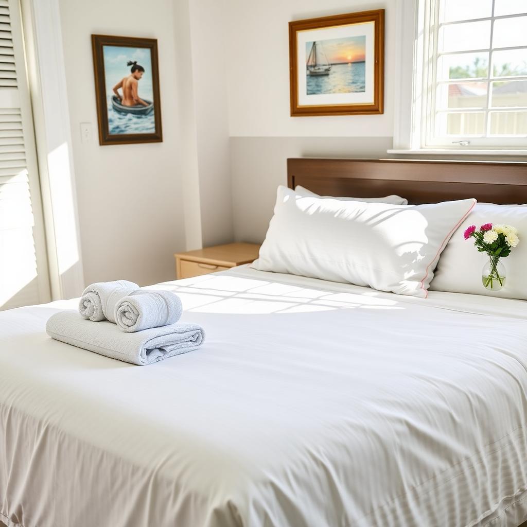 Freshly staged short-term rental bedroom after an Ayah turnover clean